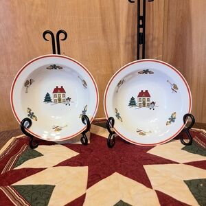 Vintage 1987 Jamestown China "The Joy Of Christmas" Rimmed Bowls Set of 2🎄!